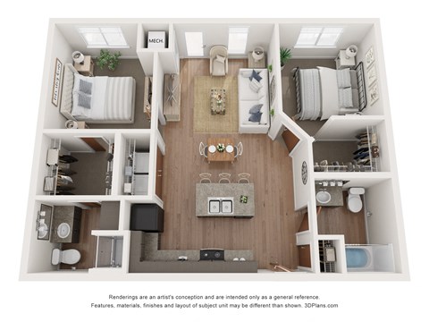 Floor plan for 2 beds, 2 baths, 901 sqft